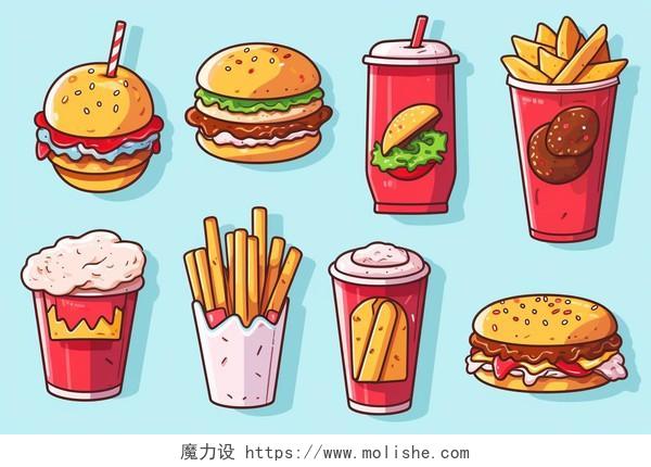 快餐汉堡薯条饮料背景卡通AI插画